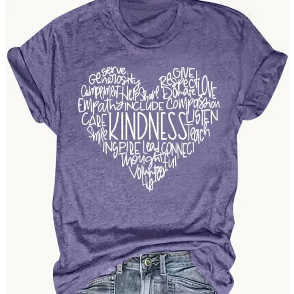 Boho Chic Love and Letter Emblem T Shirt Lavender Heart Short Sleeve Kindness